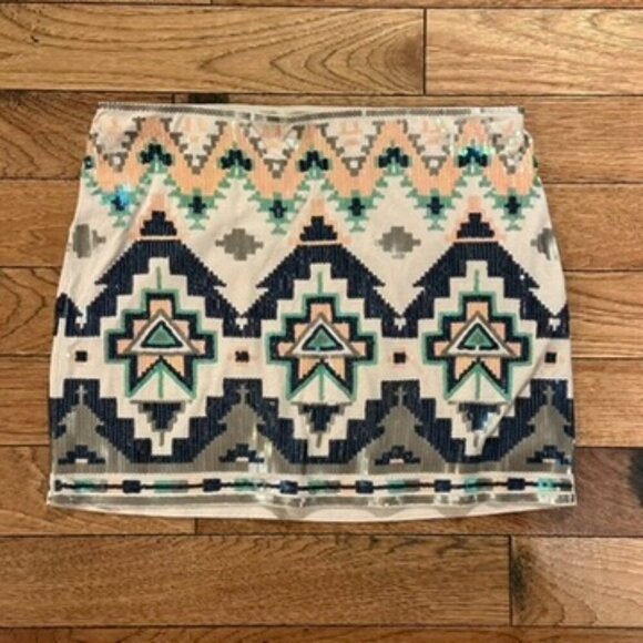 Express Dresses & Skirts - Express Aztec Design Sequin Mini Skirt Pink Turquoise Size M